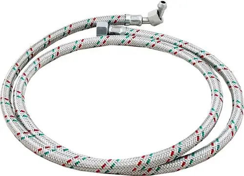 Schlauchleitung mit geflochtenem Gewebe und Metallanschlüssen, geeignet für Cuenodbrenner, hergestellt von der Marke Wolf.